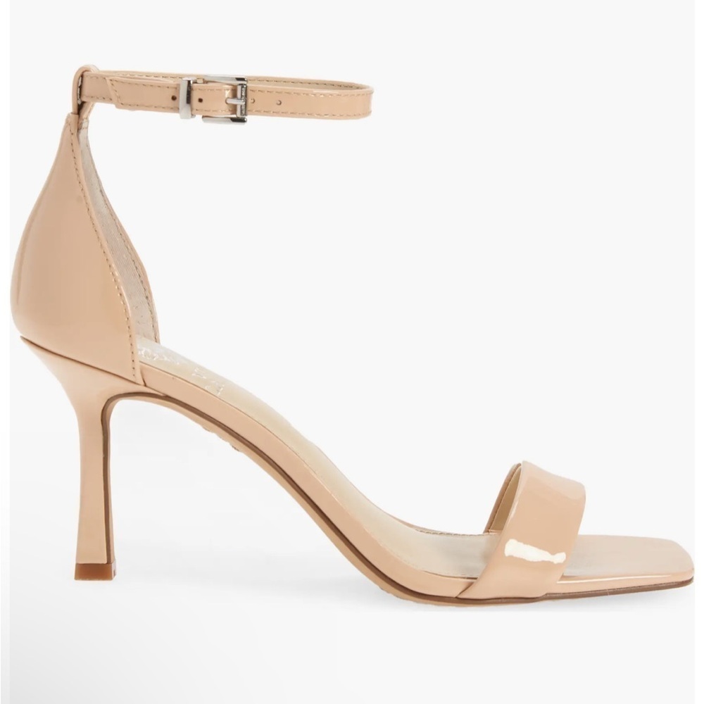 Vince Camuto Enella Nude Patent Leather Square Toe Ankle Strap Heel Sandal 9.5